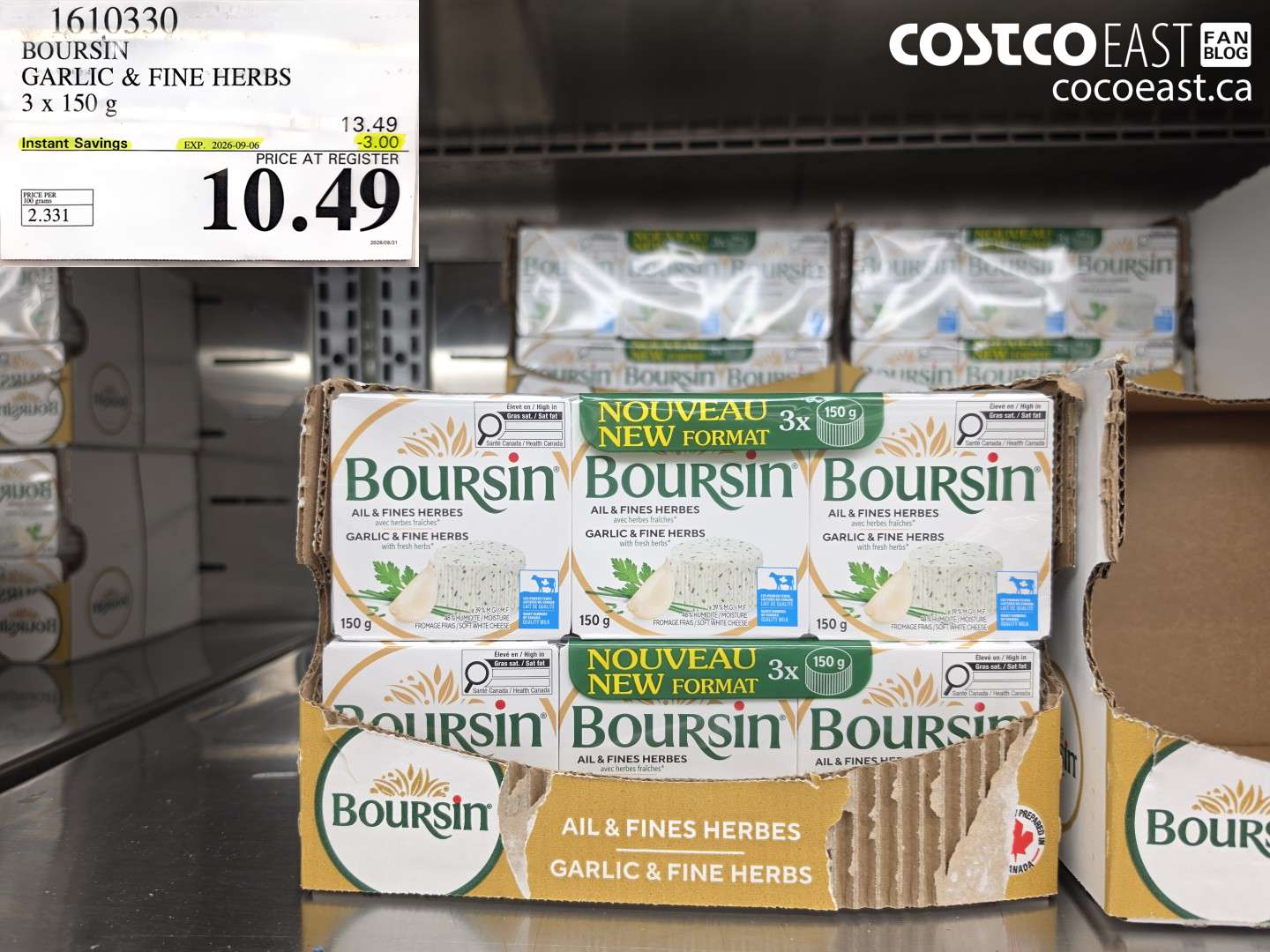 1610330 BOURSIN GARLIC & FINE HERBS 3 X 150 G ($3.00 INSTANT SAVINGS EXPIRES ON 2026-09-06) $10.49
