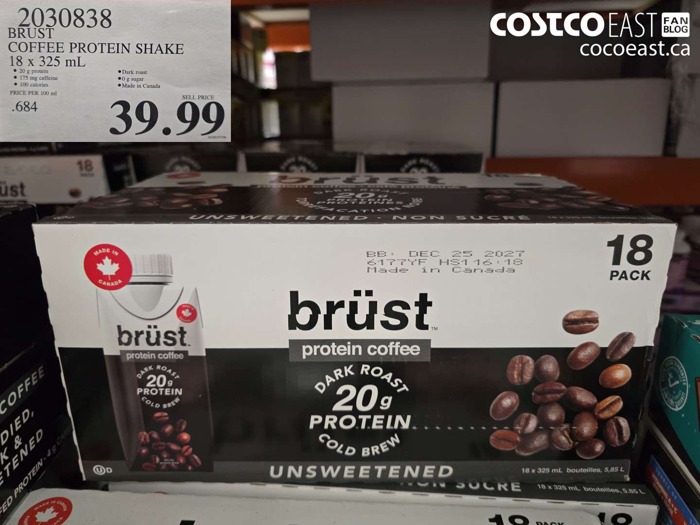 2030838 BRUST COFFEE PROTEIN SHAKE 18 X 325 ML $39.99