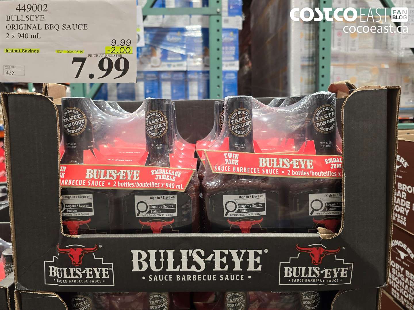 449002 BULLSEYE ORIGINAL BBQ SAUCE 2 X 940 ML ($2.00 INSTANT SAVINGS EXPIRES ON 2026-08-19) $7.99