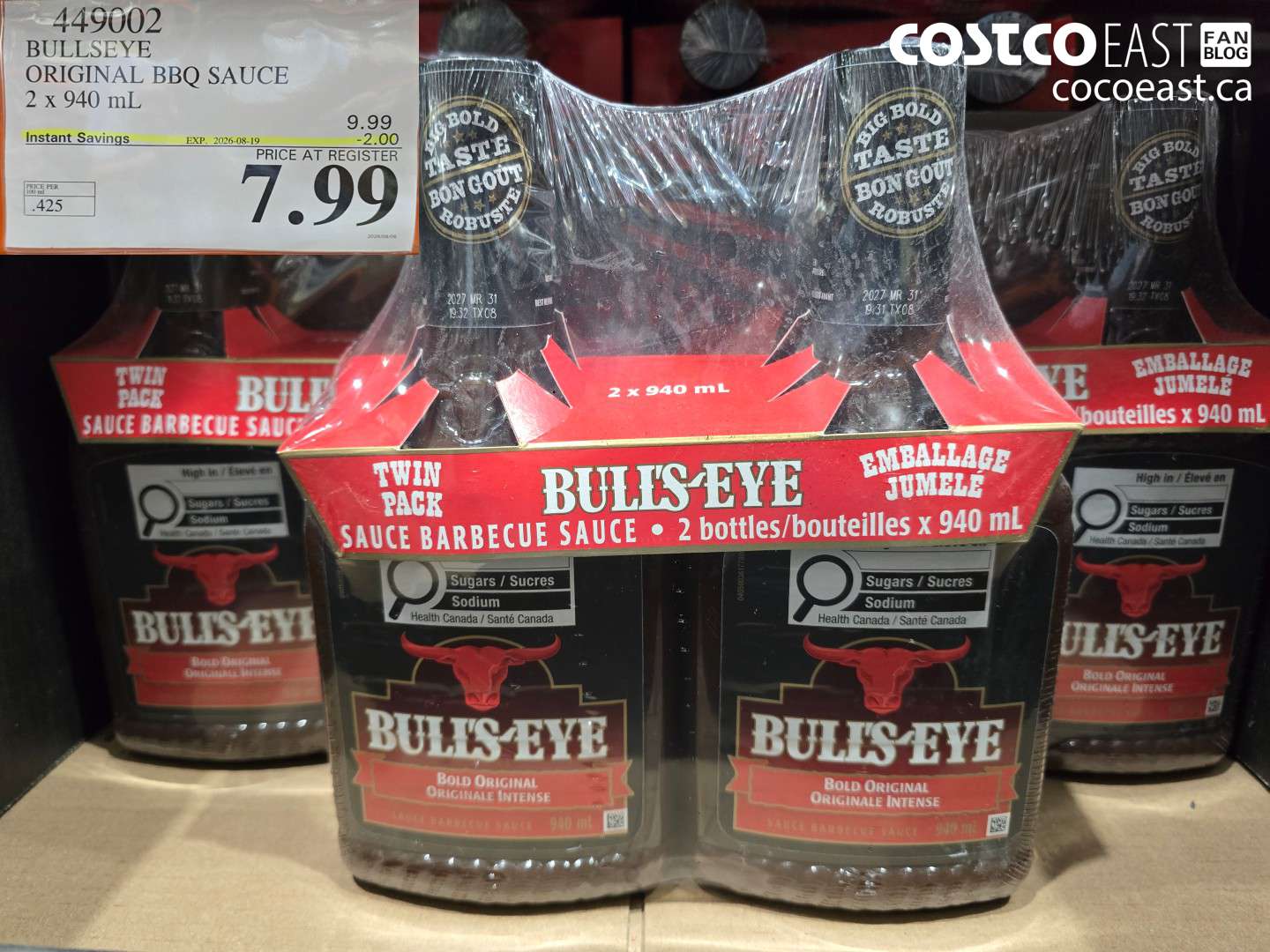 449002 BULLSEYE ORIGINAL BBQ SAUCE 2 X 940 ML ($2.00 INSTANT SAVINGS EXPIRES ON 2026-08-19) $7.99