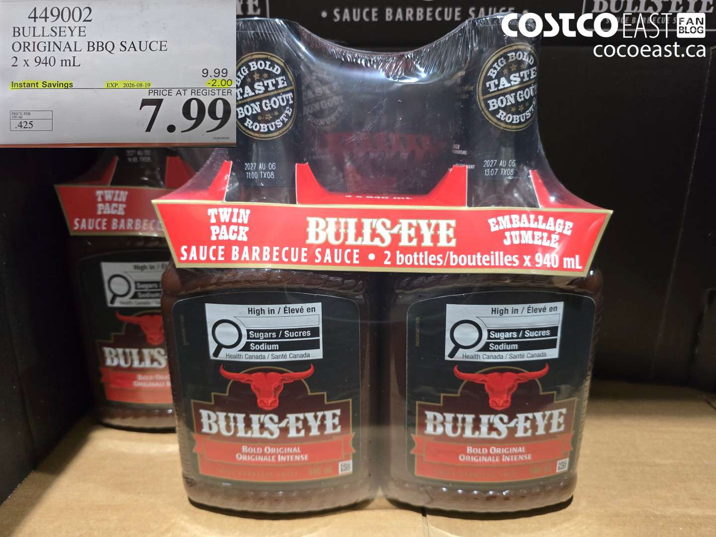 449002 BULLSEYE ORIGINAL BBQ SAUCE 2 X 940 ML ($2.00 INSTANT SAVINGS EXPIRES ON 2026-08-19) $7.99