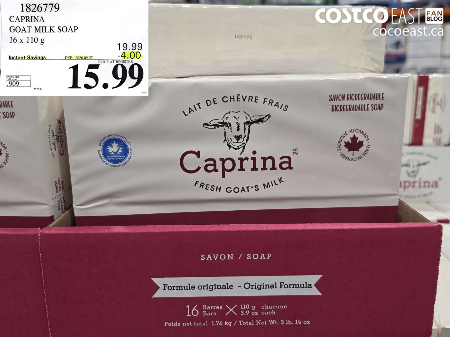 1826779 CAPRINA GOAT MILK SOAP 16 X 110 G ($4.00 INSTANT SAVINGS EXPIRES ON 2026-09-27) $15.99