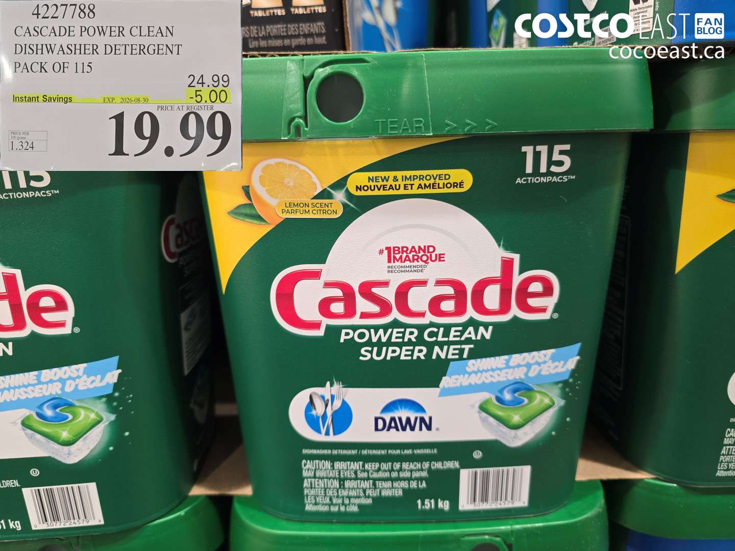 4227788 CASCADE POWER CLEAN DISHWASHER DETERGENT PACK OF 115 ($5.00 INSTANT SAVINGS EXPIRES ON 2026-08-30) $19.99