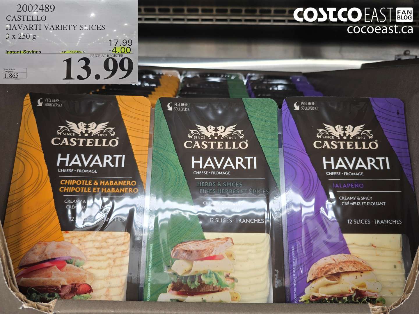 2002489 CASTELLO HAVARTI VARIETY SLICES 3 X 250 G ($4.00 INSTANT SAVINGS EXPIRES ON 2026-08-09) $13.99