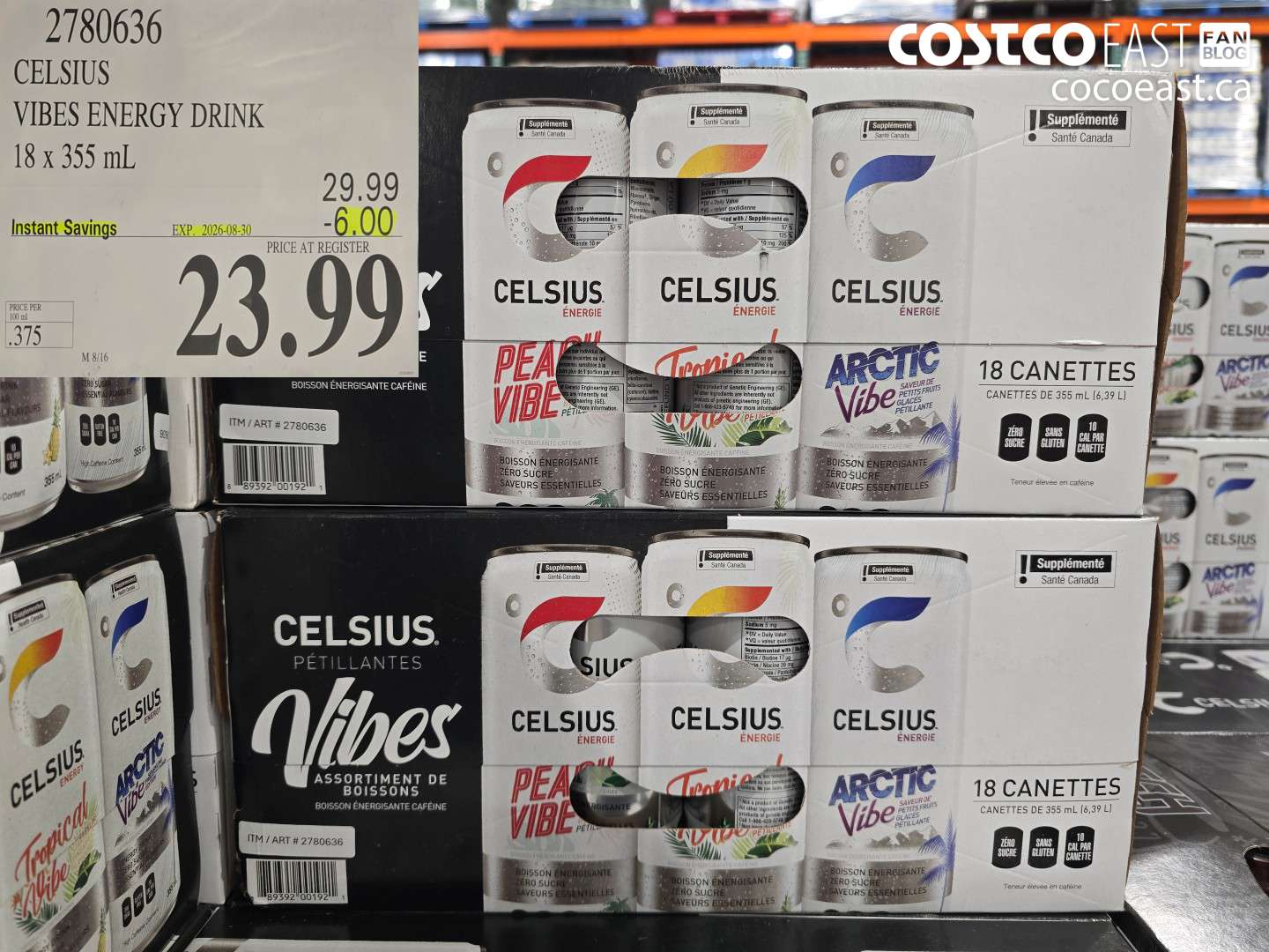 2780636 CELSIUS VIBES ENERGY DRINK 18 X 355 ML ($6.00 INSTANT SAVINGS EXPIRES ON 2026-08-30) $23.99