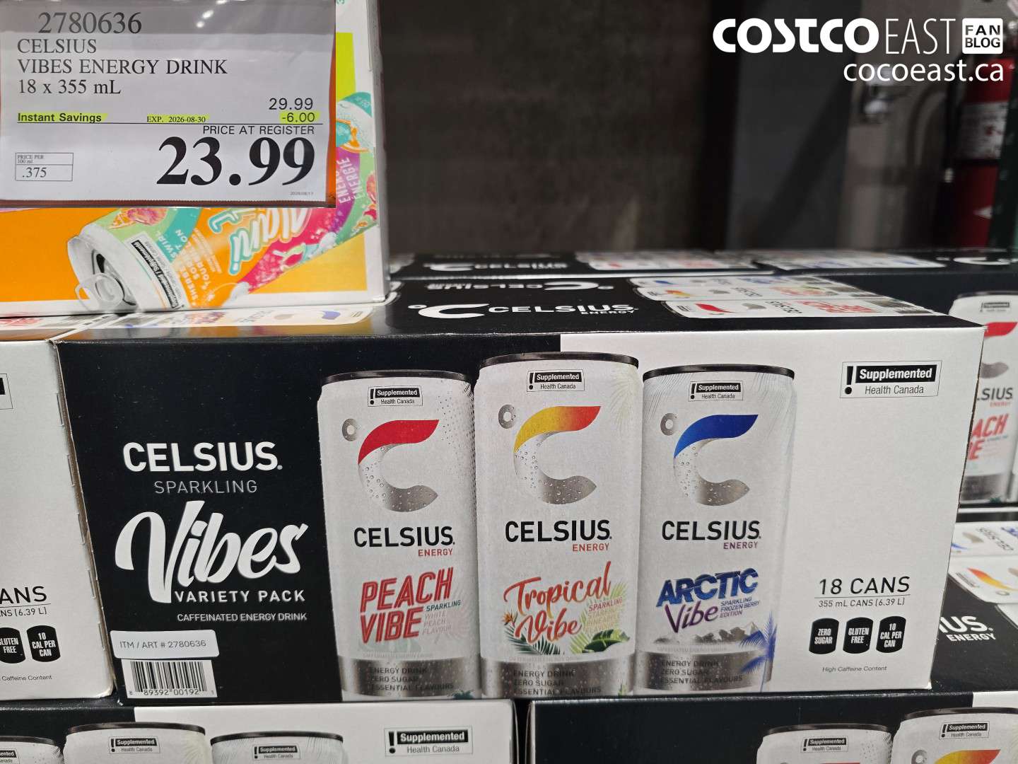 2780636 CELSIUS VIBES ENERGY DRINK 18 X 355 ML ($6.00 INSTANT SAVINGS EXPIRES ON 2026-08-30) $23.99