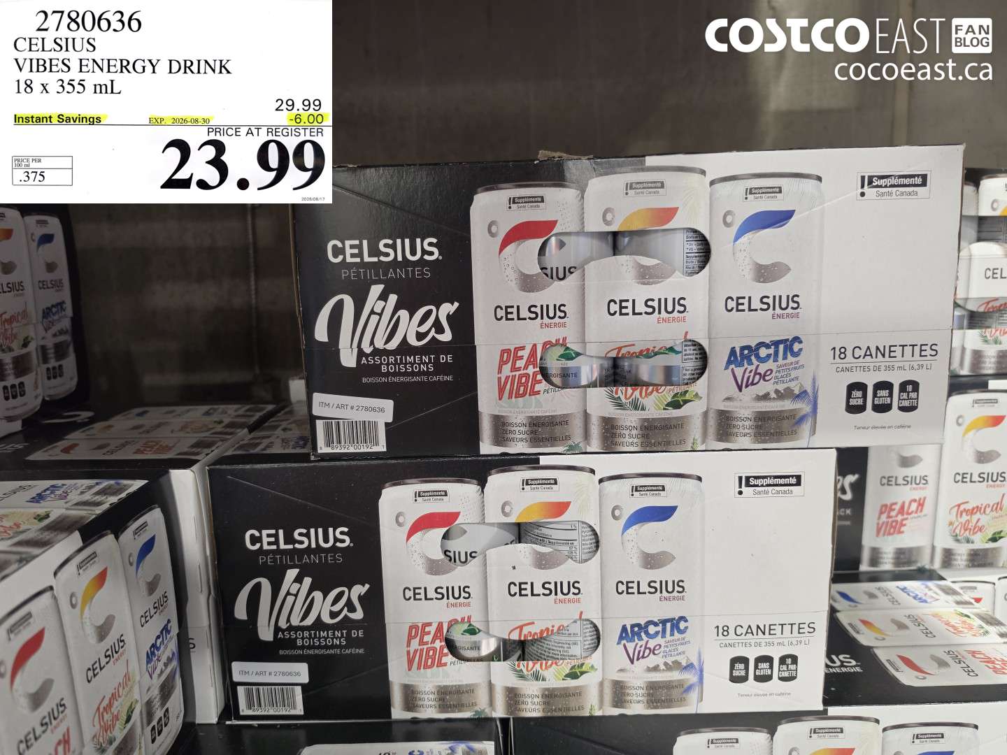 2780636 CELSIUS VIBES ENERGY DRINK 18 X 355 ML ($6.00 INSTANT SAVINGS EXPIRES ON 2026-08-30) $23.99