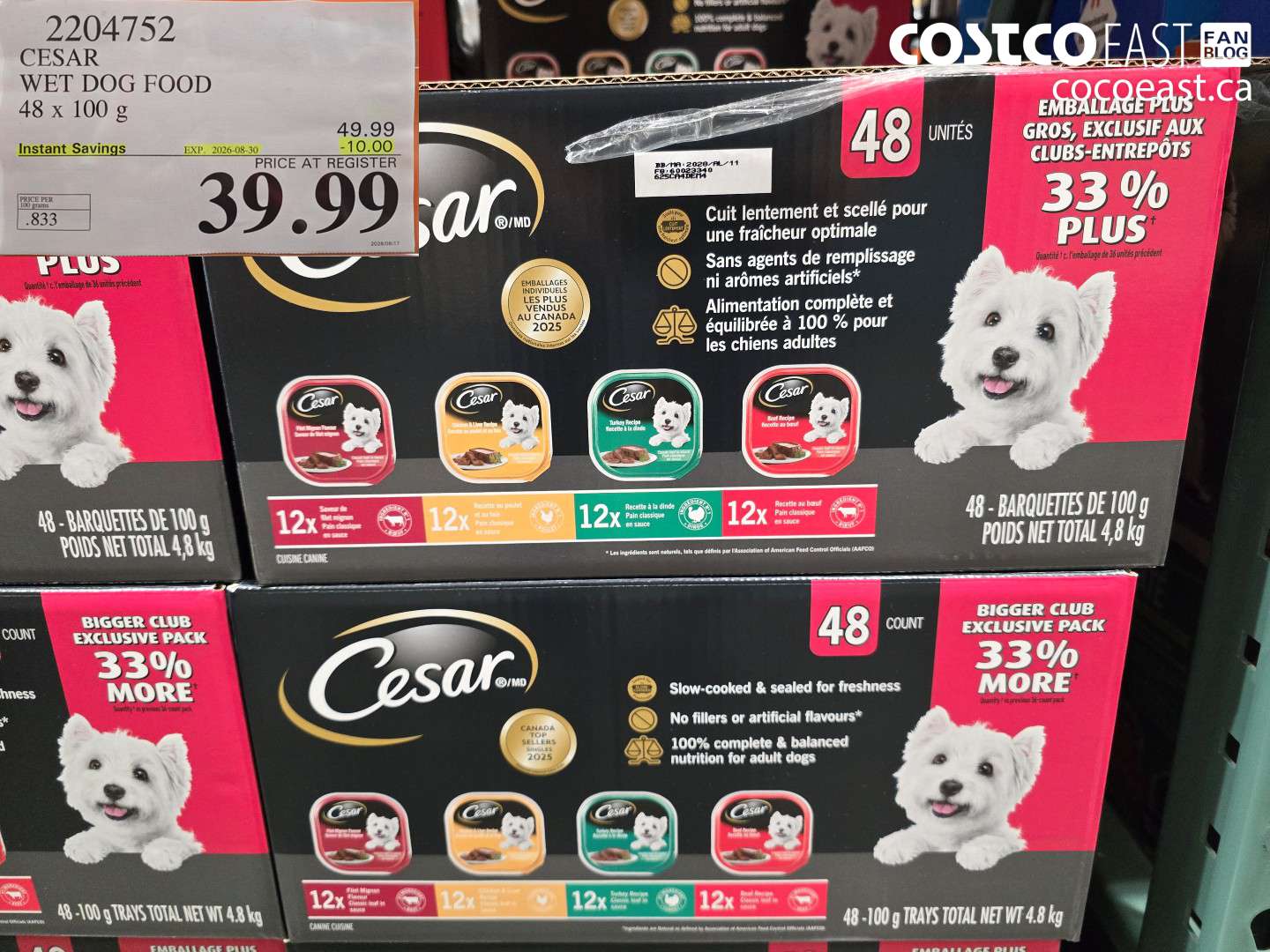 2204752 CESAR WET DOG FOOD 48 X 100 G ($10.00 INSTANT SAVINGS EXPIRES ON 2026-08-30) $39.99