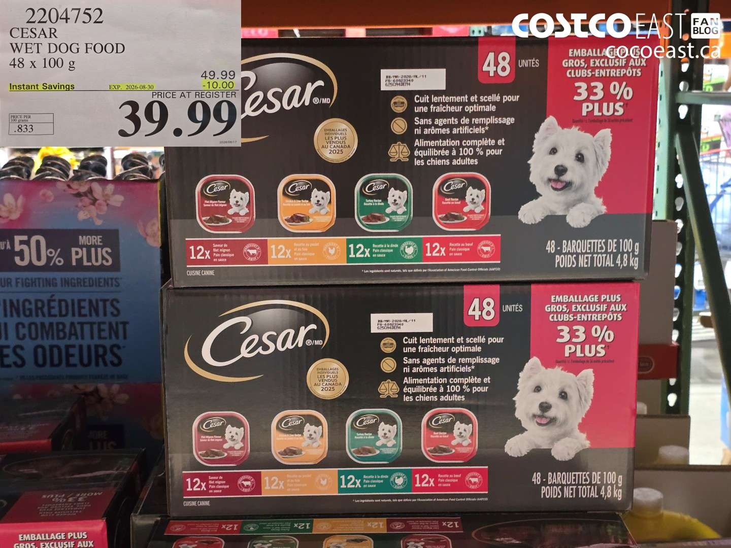 2204752 CESAR WET DOG FOOD 48 X 100 G ($10.00 INSTANT SAVINGS EXPIRES ON 2026-08-30) $39.99