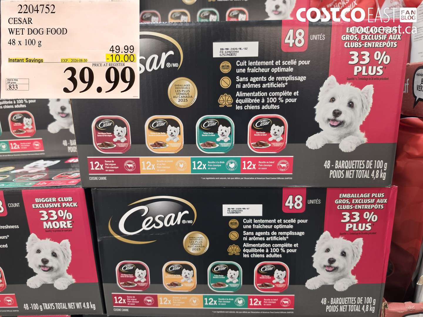 2204752 CESAR WET DOG FOOD 48 X 100 G ($10.00 INSTANT SAVINGS EXPIRES ON 2026-08-30) $39.99