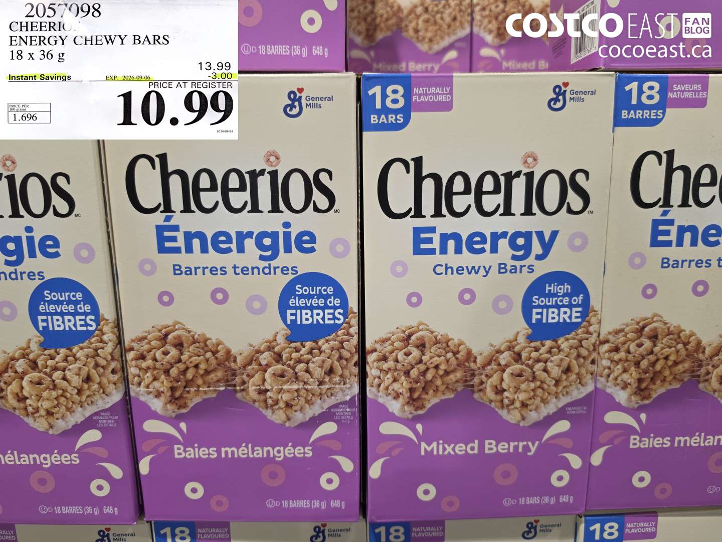 2057098 CHEERIOS ENERGY CHEWY BARS 18 X 36 G ($3.00 INSTANT SAVINGS EXPIRES ON 2026-09-06) $10.99
