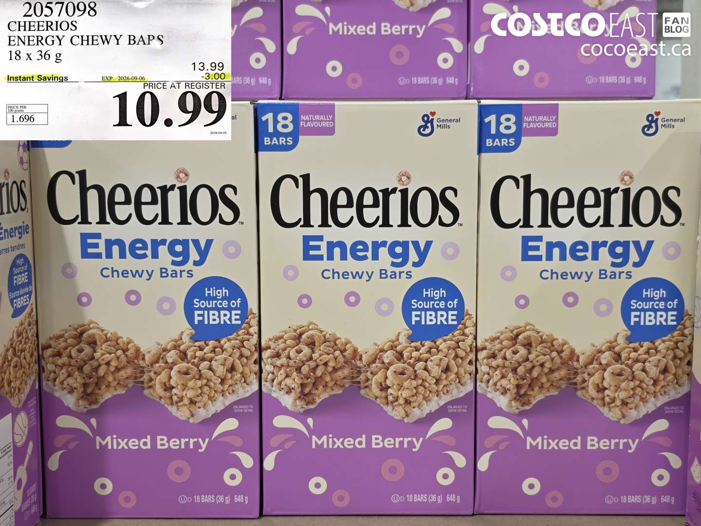 2057098 CHEERIOS ENERGY CHEWY BARS 18 X 36 G ($3.00 INSTANT SAVINGS EXPIRES ON 2026-09-06) $10.99