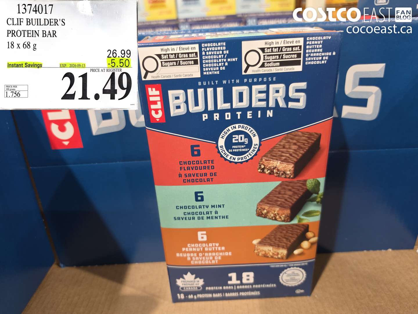 1374017 CLIF BUILDER'S PROTEIN BAR 18 X 68 G ($5.50 INSTANT SAVINGS EXPIRES ON 2026-09-13) $21.49