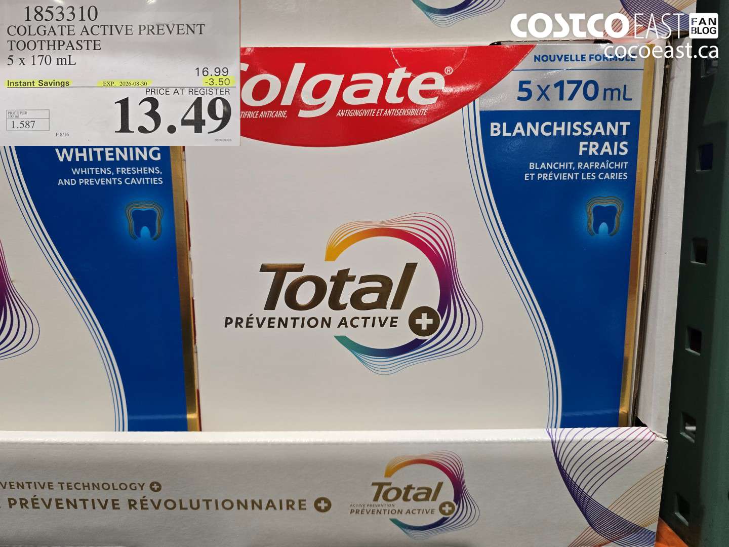 1853310 COLGATE ACTIVE PREVENT TOOTHPASTE 5 X 170 ML ($3.50 INSTANT SAVINGS EXPIRES ON 2026-08-30) $13.49