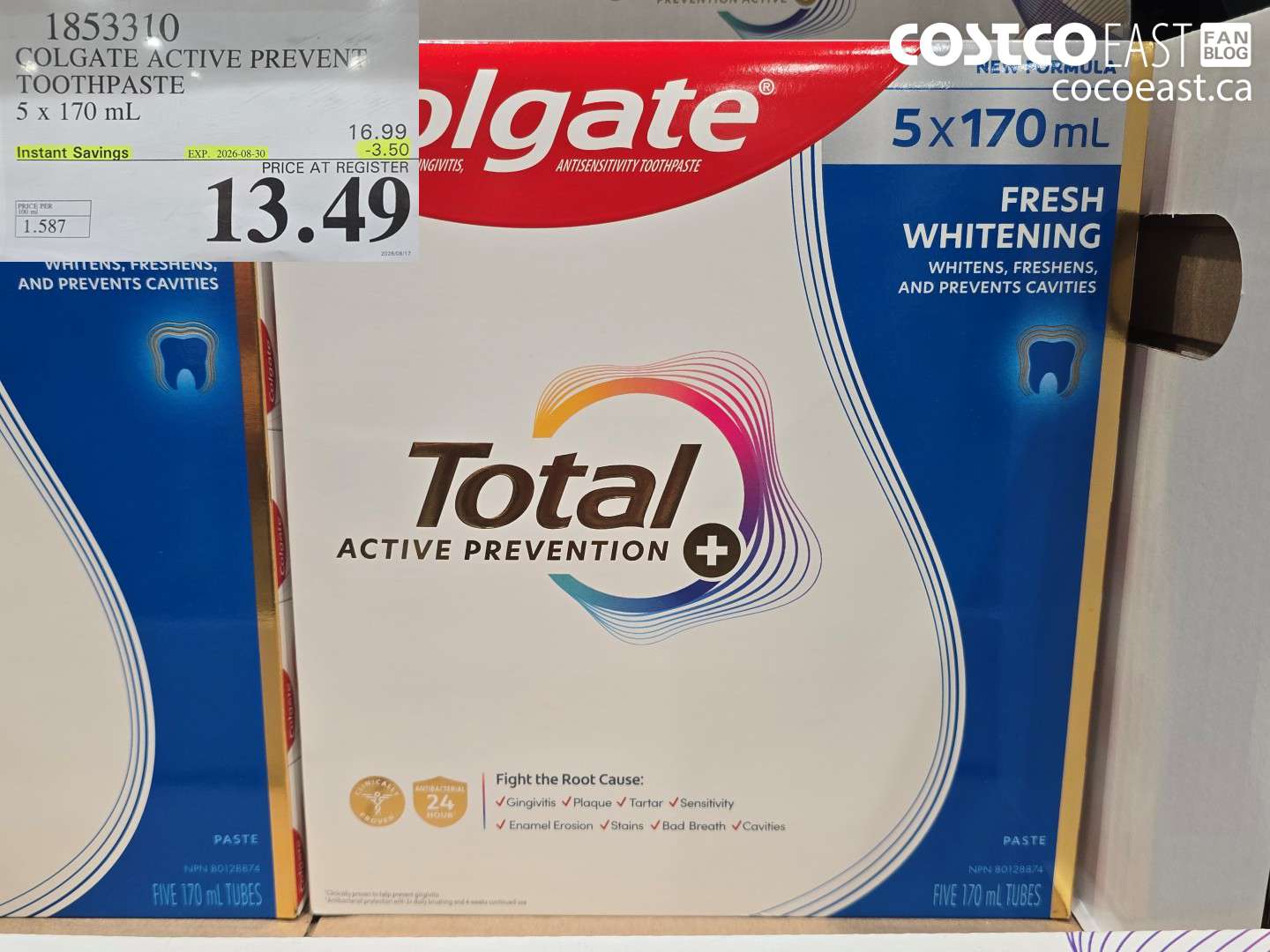 1853310 COLGATE ACTIVE PREVENT TOOTHPASTE 5 X 170 ML ($3.50 INSTANT SAVINGS EXPIRES ON 2026-08-30) $13.49