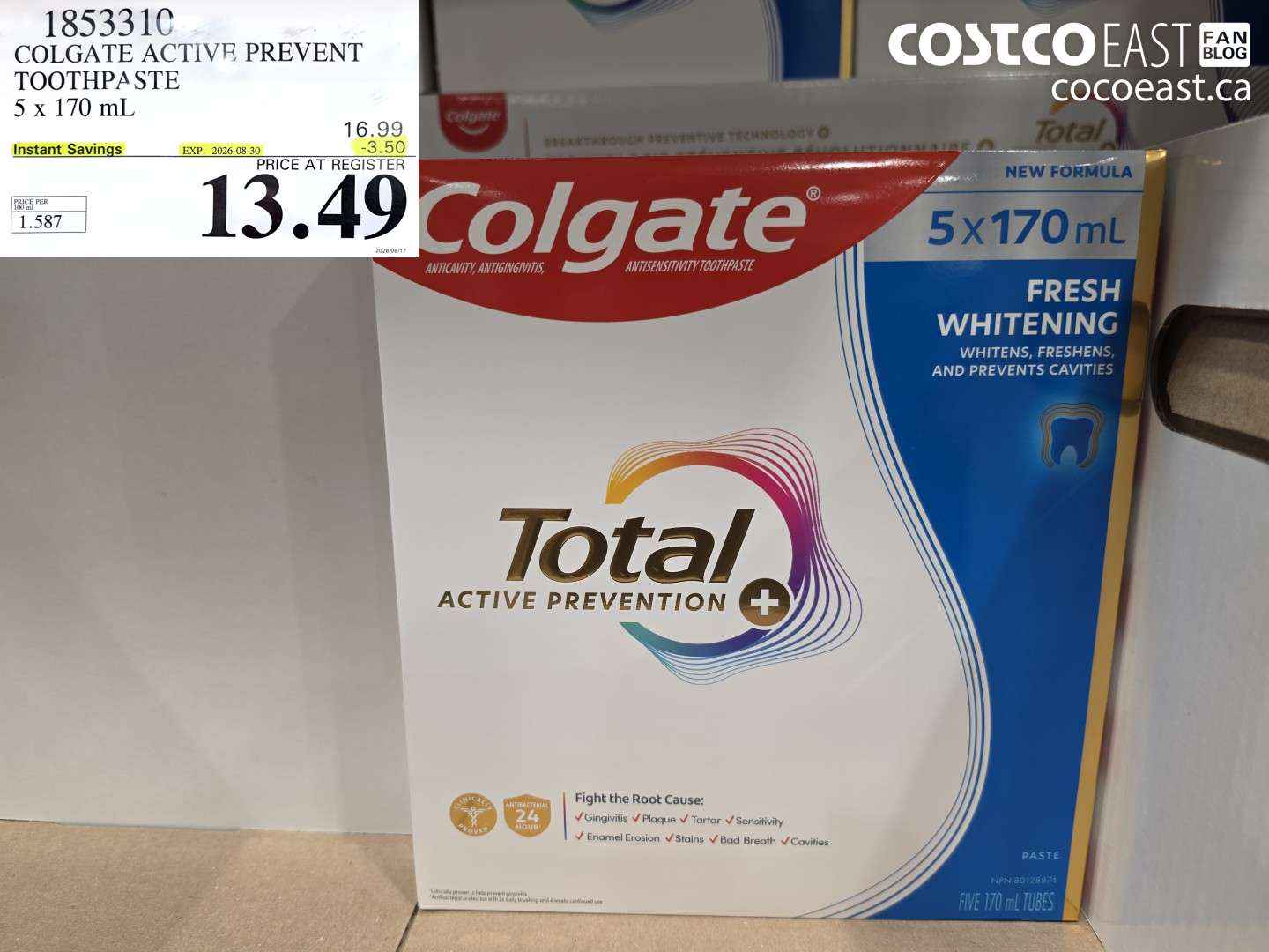 1853310 COLGATE ACTIVE PREVENT TOOTHPASTE 5 X 170 ML ($3.50 INSTANT SAVINGS EXPIRES ON 2026-08-30) $13.49