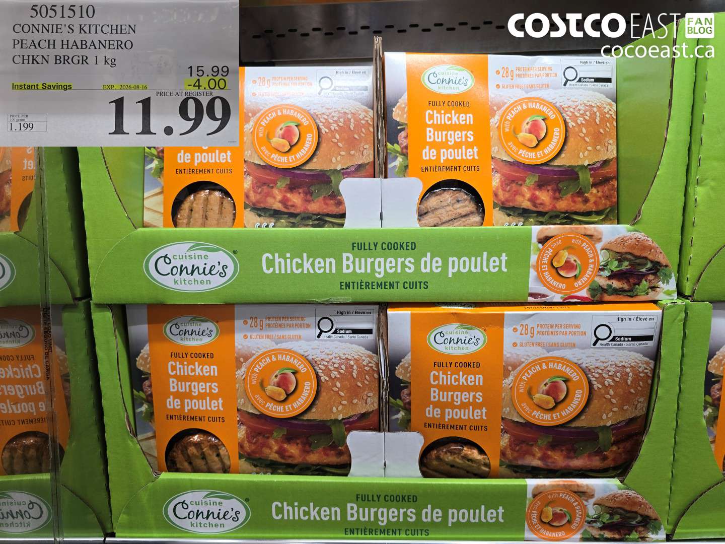 5051510 CONNIE'S KITCHEN PEACH HABANERO CHKN BRGR 1 KG ($4.00 INSTANT SAVINGS EXPIRES ON 2026-08-16) $11.99
