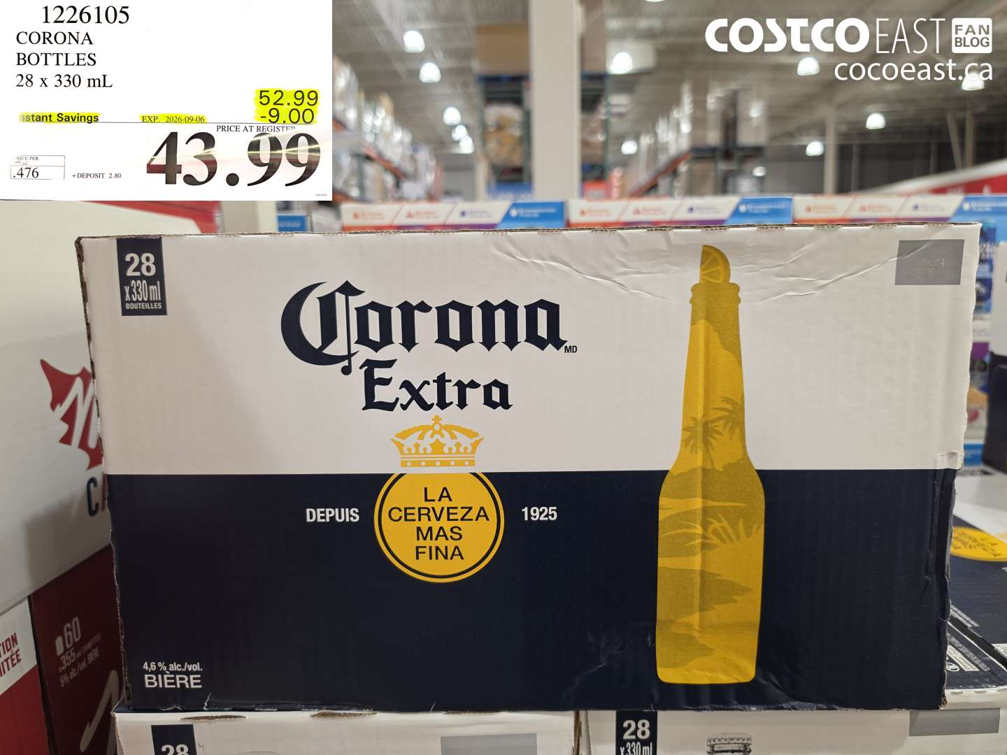 1226105 CORONA BOTTLES 28 X 330 ML ($9.00 INSTANT SAVINGS EXPIRES ON 2026-09-06) $43.99
