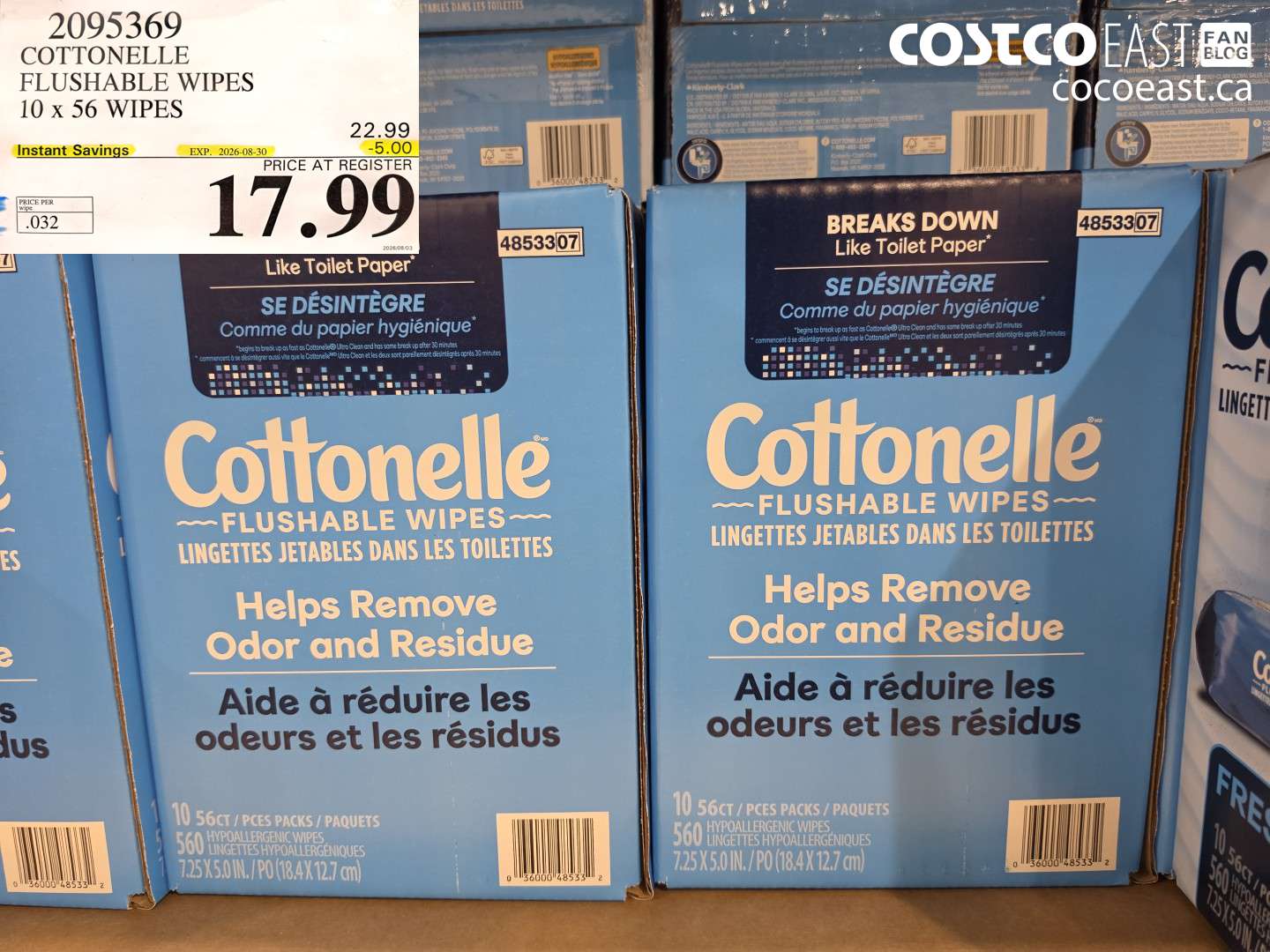 2095369 COTTONELLE FLUSHABLE WIPES 10 X 56 WIPES ($5.00 INSTANT SAVINGS EXPIRES ON 2026-08-30) $17.99