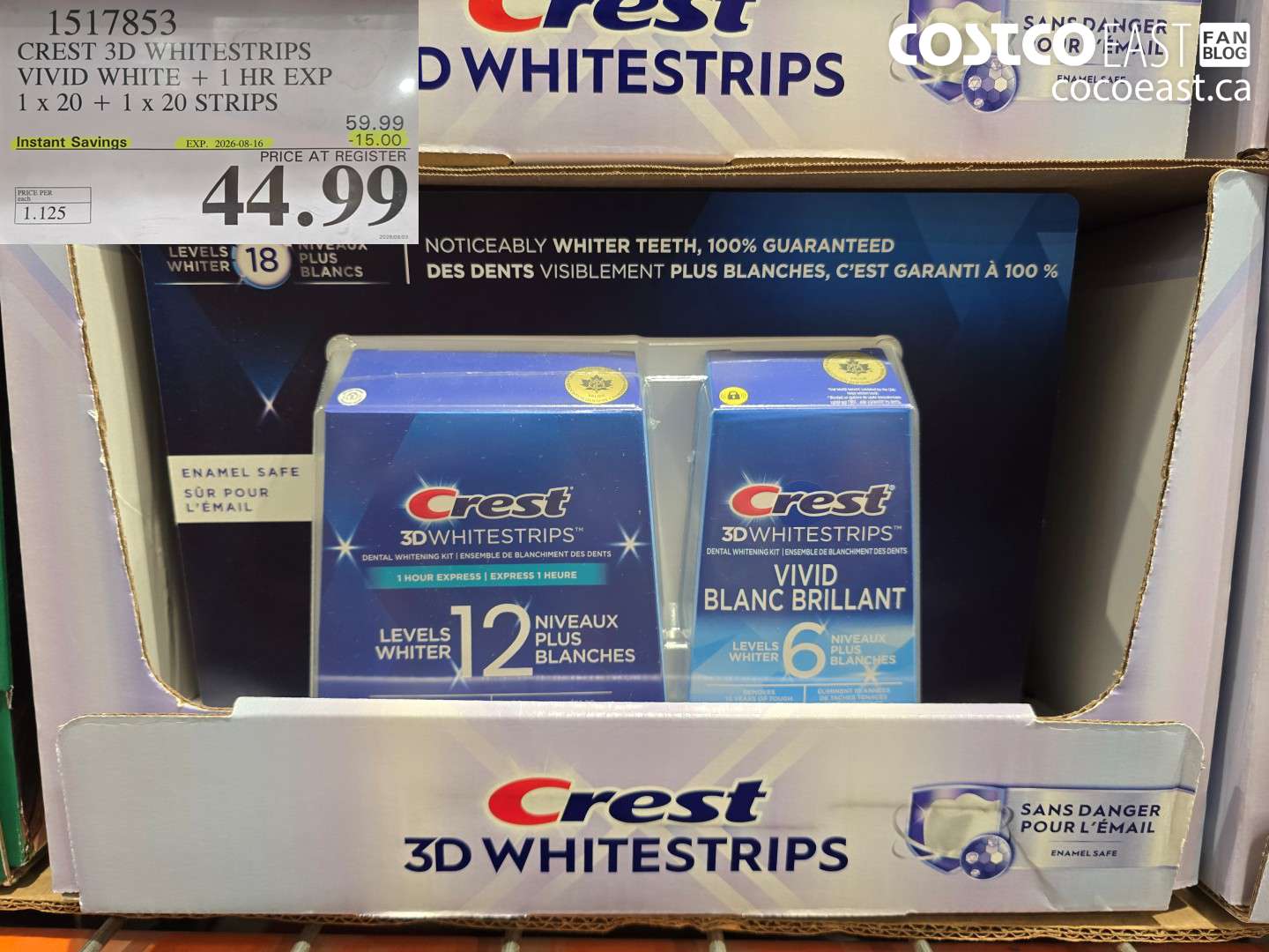 1517853 CREST 3D WHITESTRIPS VIVID WHITE + 1 HR EXP 1 X 20 + 1 X 20 STRIPS ($15.00 INSTANT SAVINGS EXPIRES ON 2026-08-16) $44.99