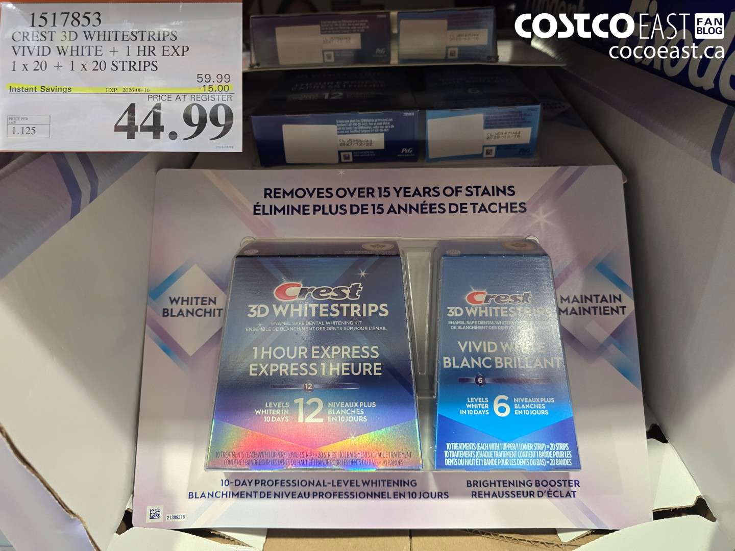 1517853 CREST 3D WHITESTRIPS VIVID WHITE + 1 HR EXP 1 X 20 + 1 X 20 STRIPS ($15.00 INSTANT SAVINGS EXPIRES ON 2026-08-16) $44.99