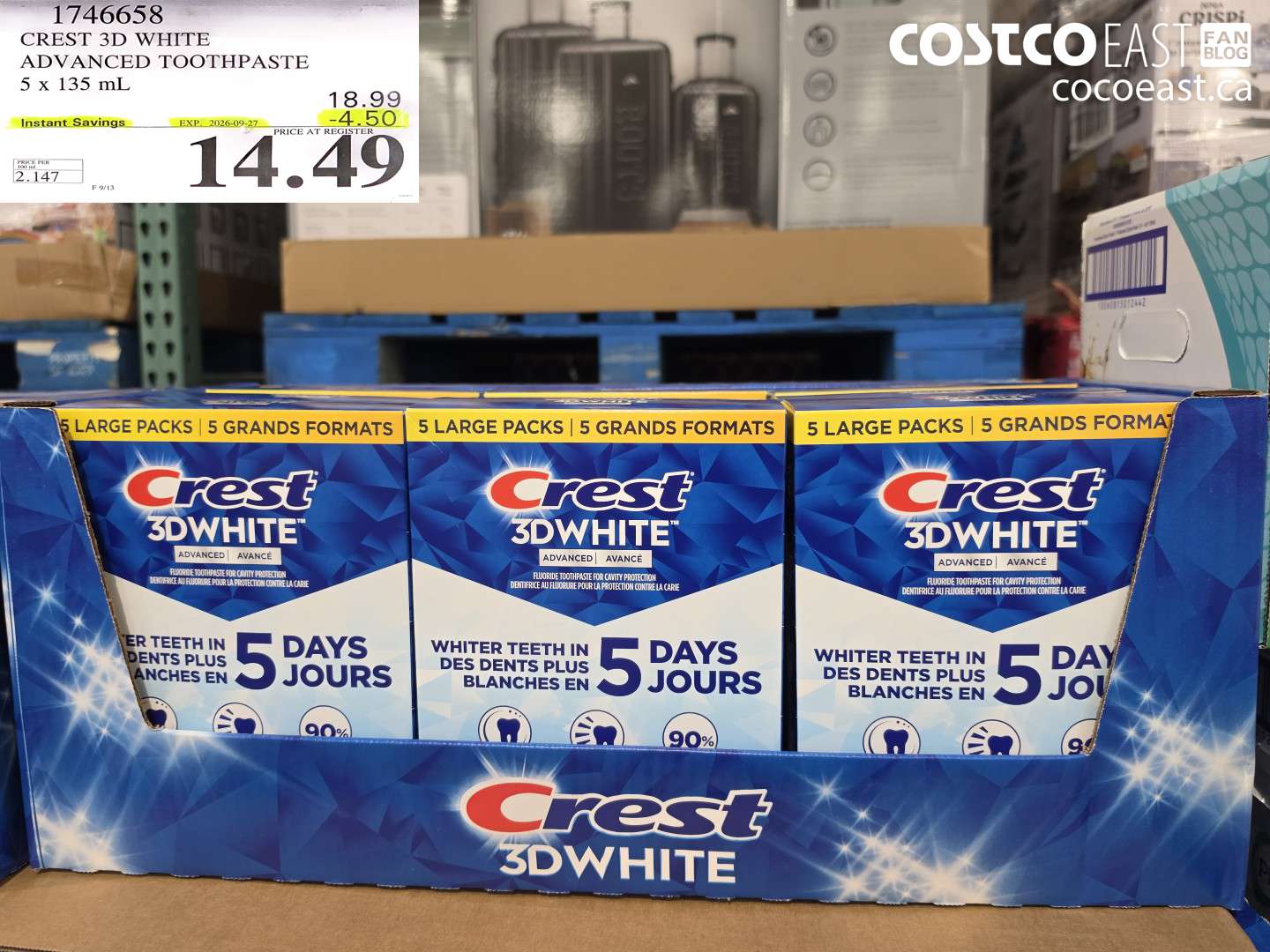 1746658 CREST 3D WHITE ADVANCED TOOTHPASTE 5 X 135 ML ($4.50 INSTANT SAVINGS EXPIRES ON 2026-09-27) $14.49