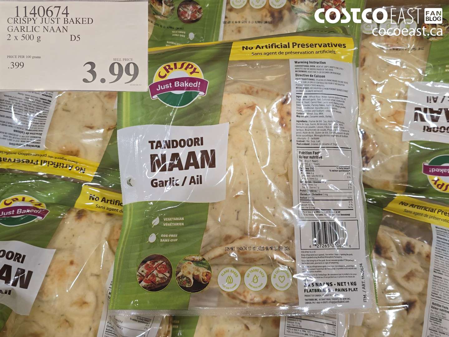 1140674 CRISPY JUST BAKED GARLIC NAAN 2 X 500 G $3.99