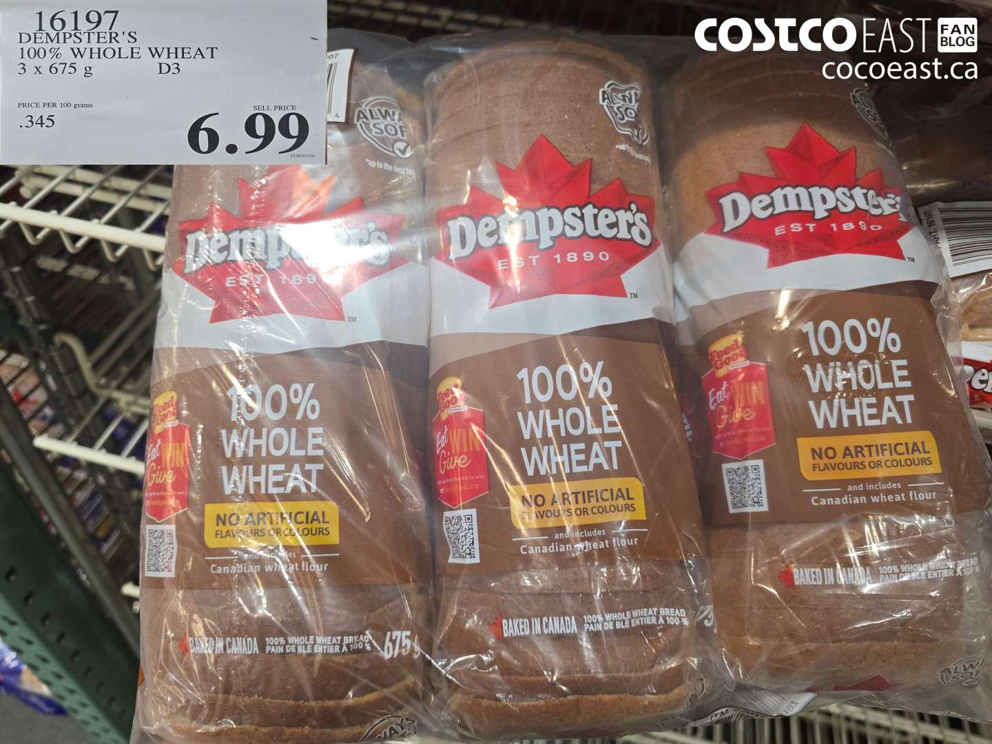 16197 DEMPSTER'S 100% WHOLE WHEAT 3 X 675 G D3 $6.99