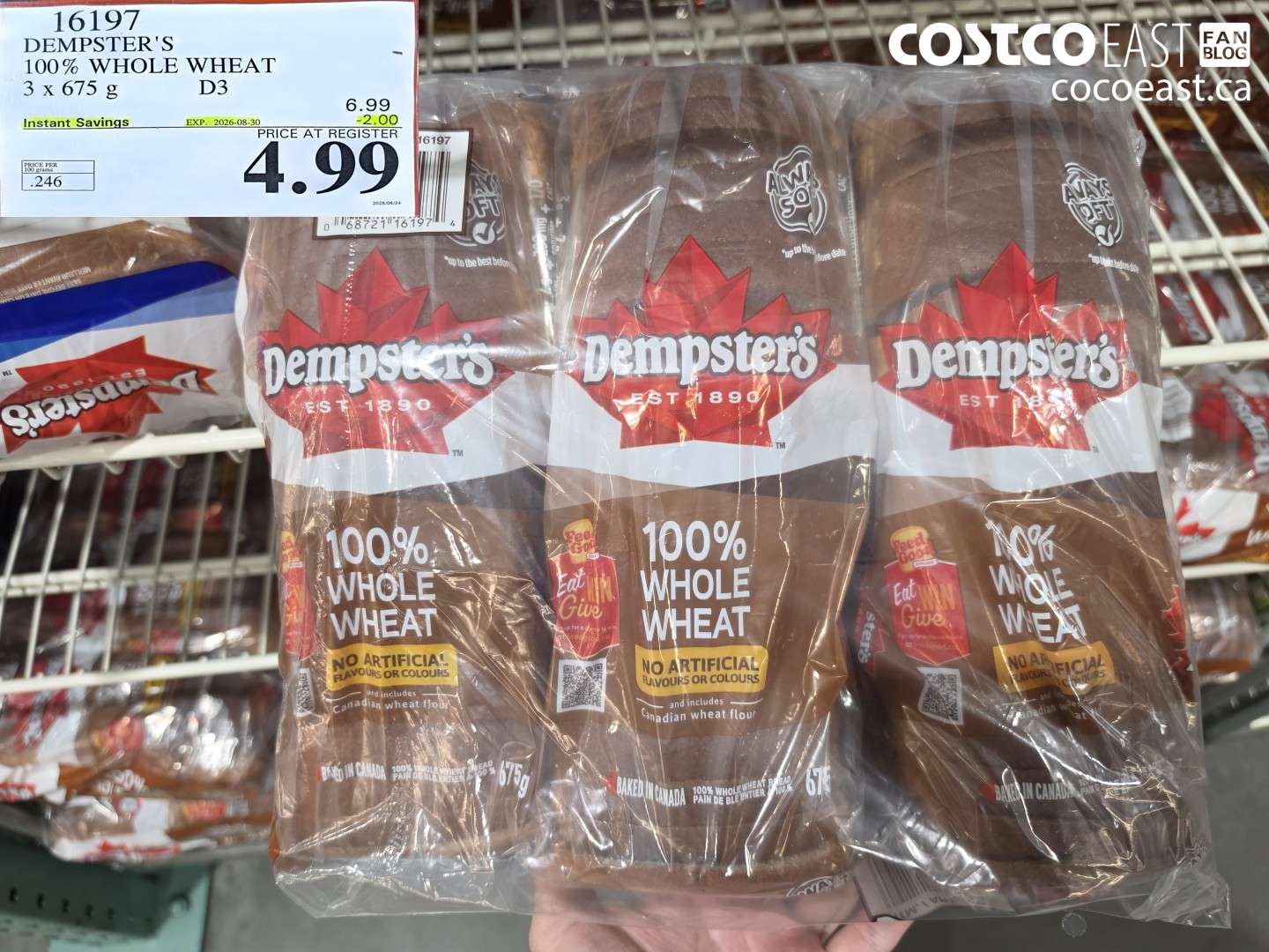 16197 DEMPSTER'S 100% WHOLE WHEAT 3 X 675 G D3 ($2.00 INSTANT SAVINGS EXPIRES ON 2026-08-30) $4.99