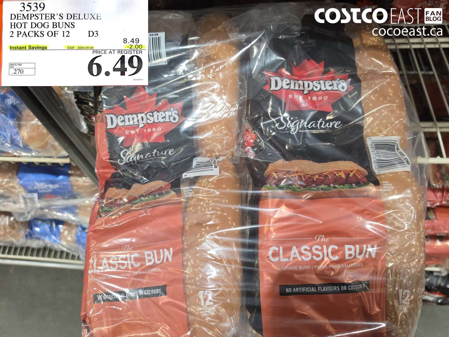 3539 DEMPSTER'S DELUXE HOT DOG BUNS 2 PACKS OF 12 ($2.00 INSTANT SAVINGS EXPIRES ON 2026-09-06) $6.49