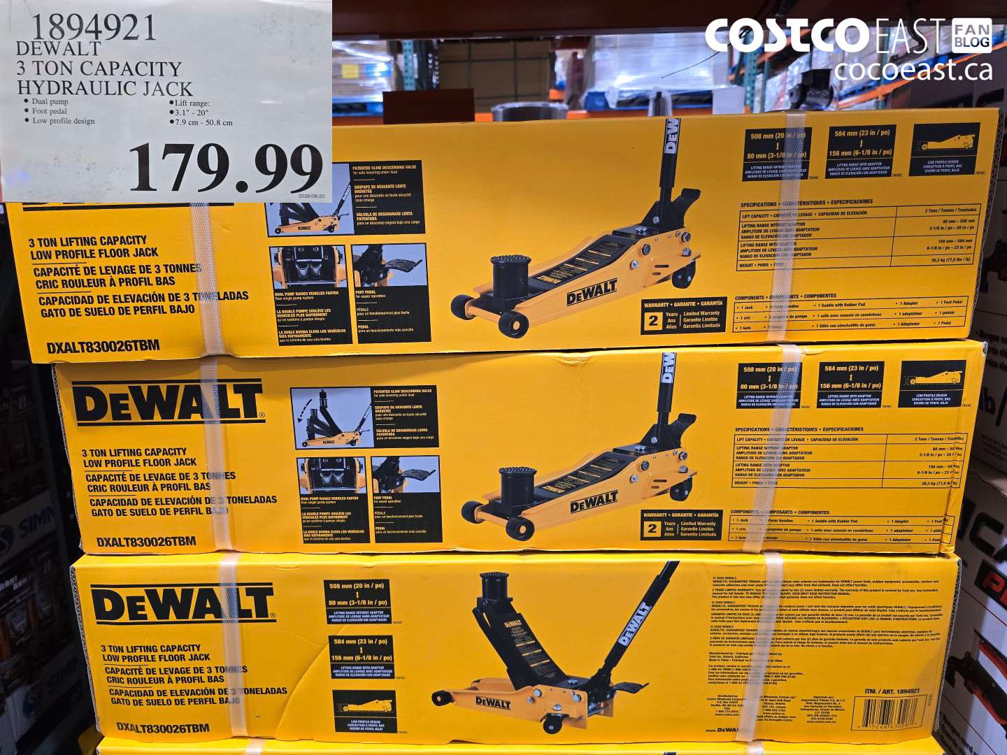 1894921 DEWALT 3 TON CAPACITY HYDRAULIC JACK $179.99
