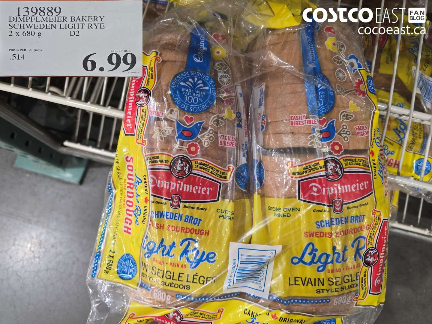 139889 DIMPFLMEIER BAKERY SCHWEDEN LIGHT RYE 2 X 680 G D2 $6.99