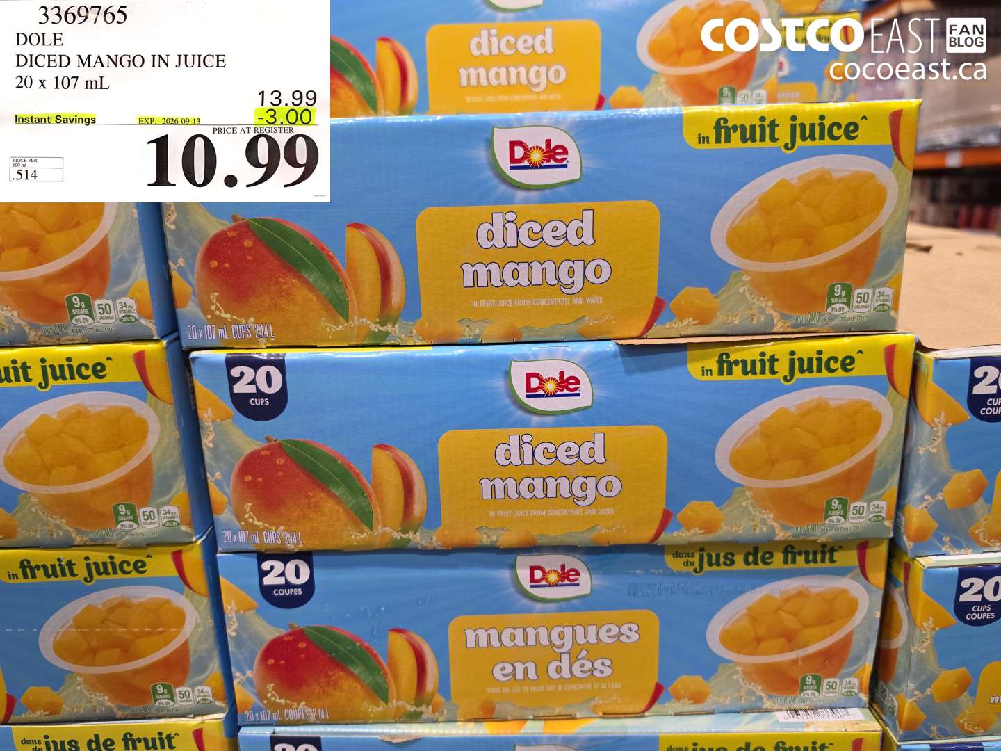 3369765 DOLE DICED MANGO IN JUICE 20 X 107 ML ($3.00 INSTANT SAVINGS EXPIRES ON 2026-09-13) $10.99