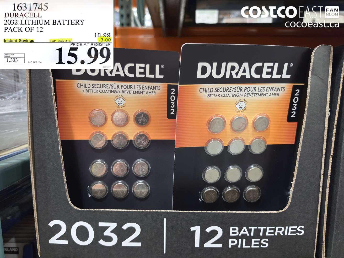 1631745 DURACELL 2032 LITHIUM BATTERY PACK OF 12 ($3.00 INSTANT SAVINGS EXPIRES ON 2026-08-30) $15.99