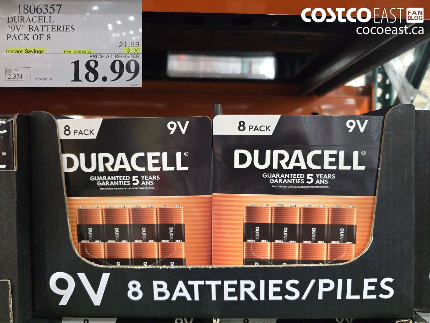 1806357 DURACELL 9V BATTERIES PACK OF 8 ($3.00 INSTANT SAVINGS EXPIRES ON 2026-08-30) $18.99