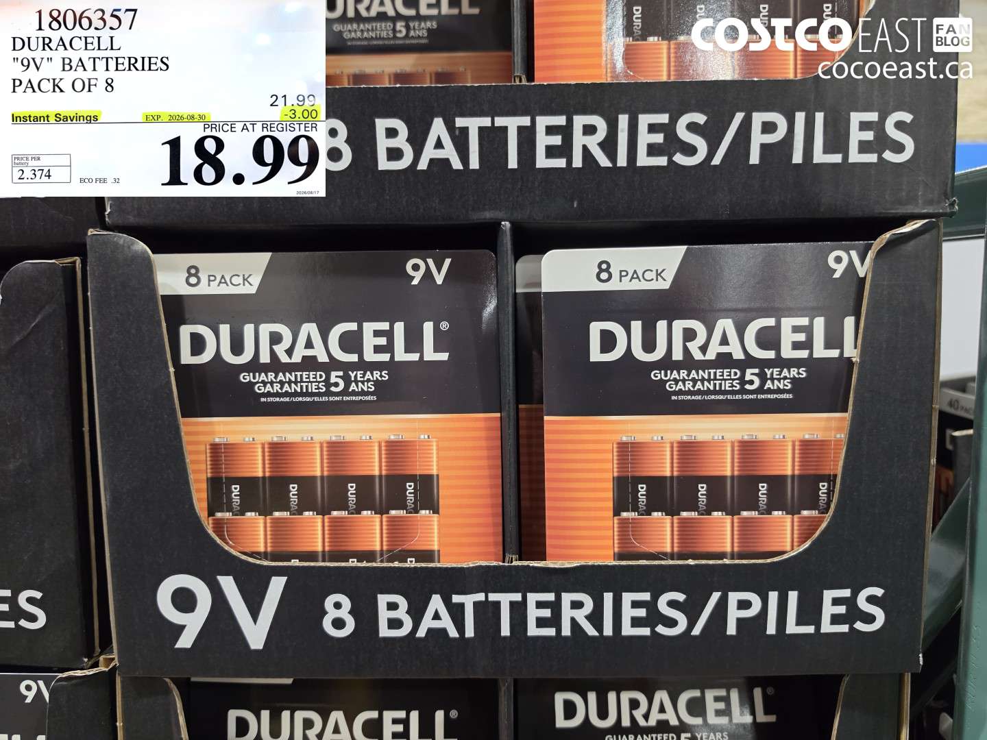 1806357 DURACELL 9V BATTERIES PACK OF 8 ($3.00 INSTANT SAVINGS EXPIRES ON 2026-08-30) $18.99