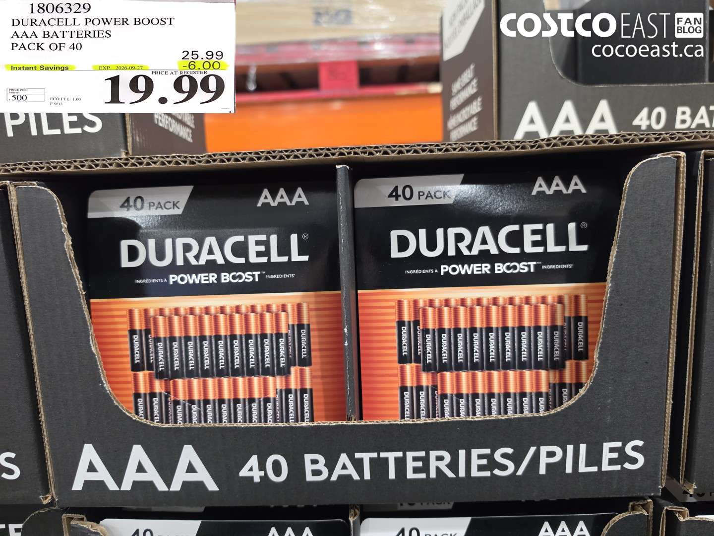 1806329 DURACELL POWER BOOST AAA BATTERIES PACK OF 40 ($6.00 INSTANT SAVINGS EXPIRES ON 2026-09-27) $19.99