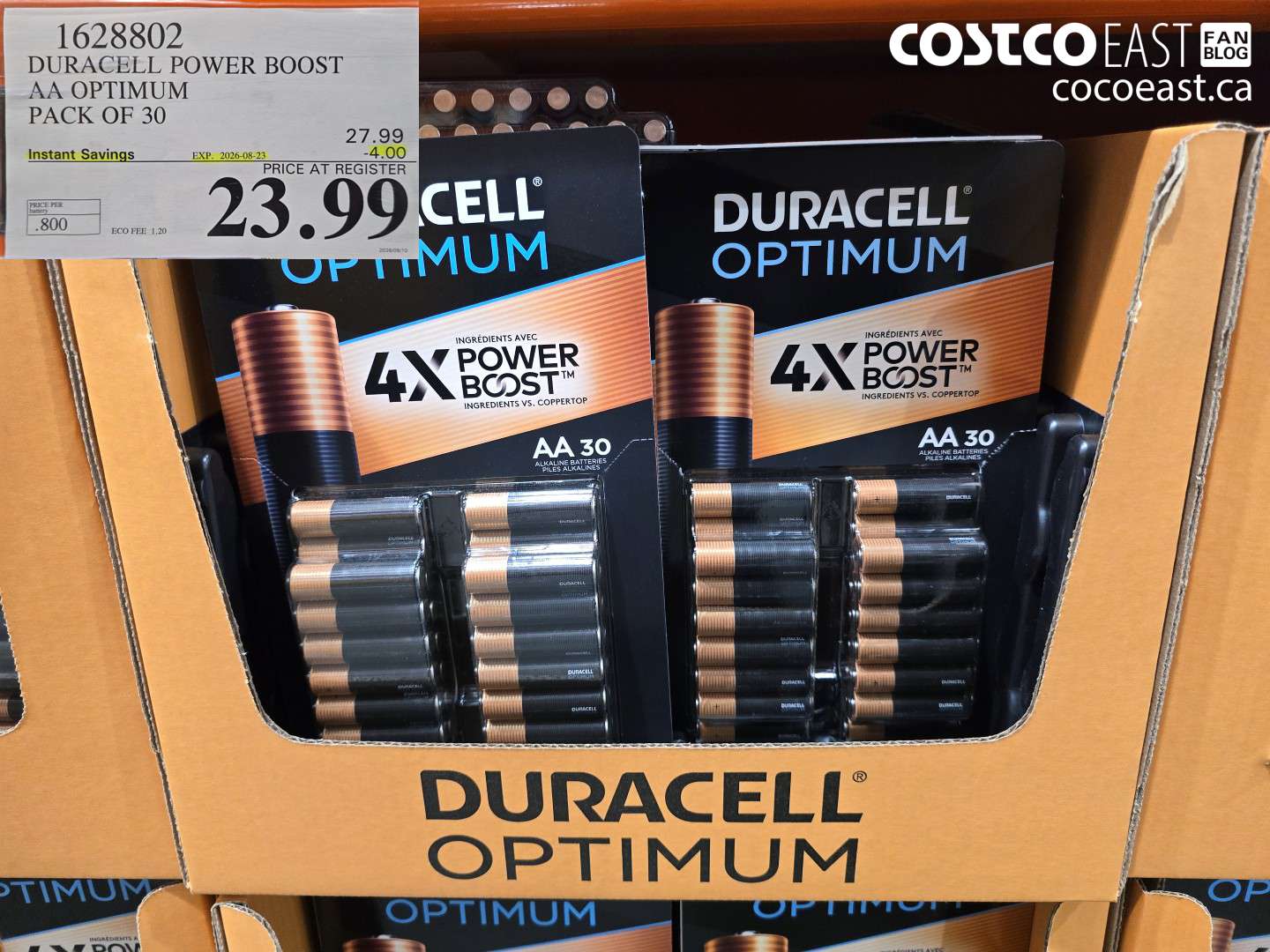 1628802 DURACELL POWER BOOST AA OPTIMUM PACK OF 30 ($4.00 INSTANT SAVINGS EXPIRES ON 2026-08-23) $23.99