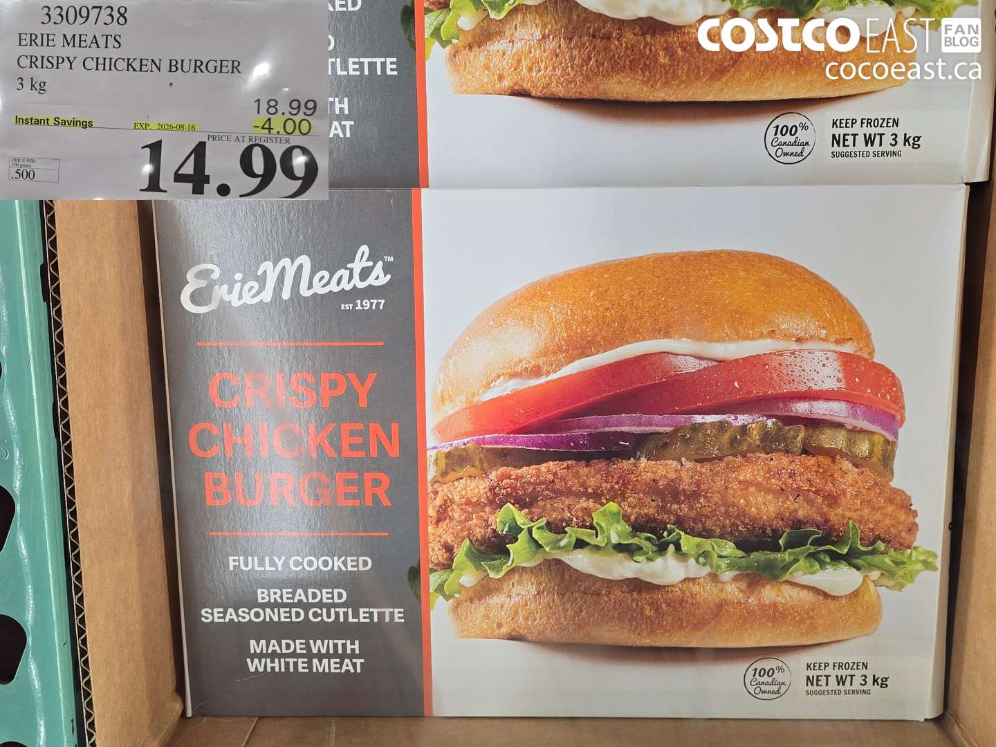 3309738 ERIE MEATS CRISPY CHICKEN BURGER 3 KG ($4.00 INSTANT SAVINGS EXPIRES ON 2026-08-16) $14.99