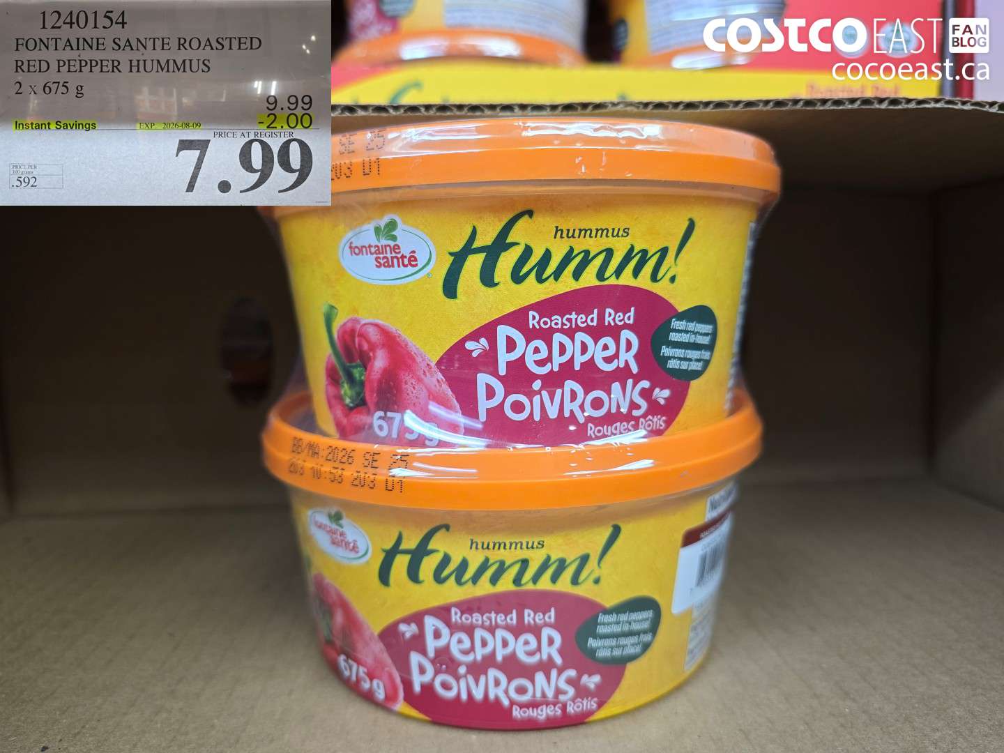 1240154 FONTAINE SANTE ROASTED RED PEPPER HUMMUS 2 X 675 G ($2.00 INSTANT SAVINGS EXPIRES ON 2026-08-09) $7.99