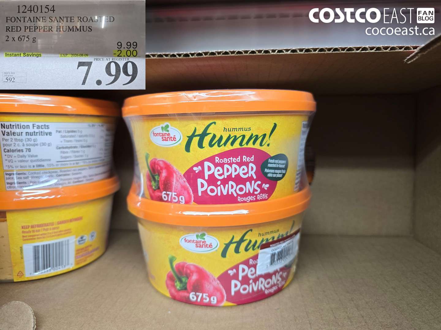 1240154 FONTAINE SANTE ROASTED RED PEPPER HUMMUS 2 X 675 G ($2.00 INSTANT SAVINGS EXPIRES ON 2026-08-09) $7.99