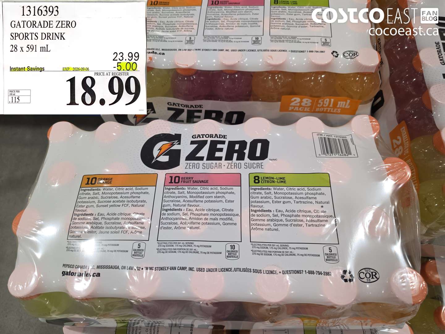 1316393 GATORADE ZERO SPORTS DRINK 28 X 591 ML ($5.00 INSTANT SAVINGS EXPIRES ON 2026-09-06) $18.99