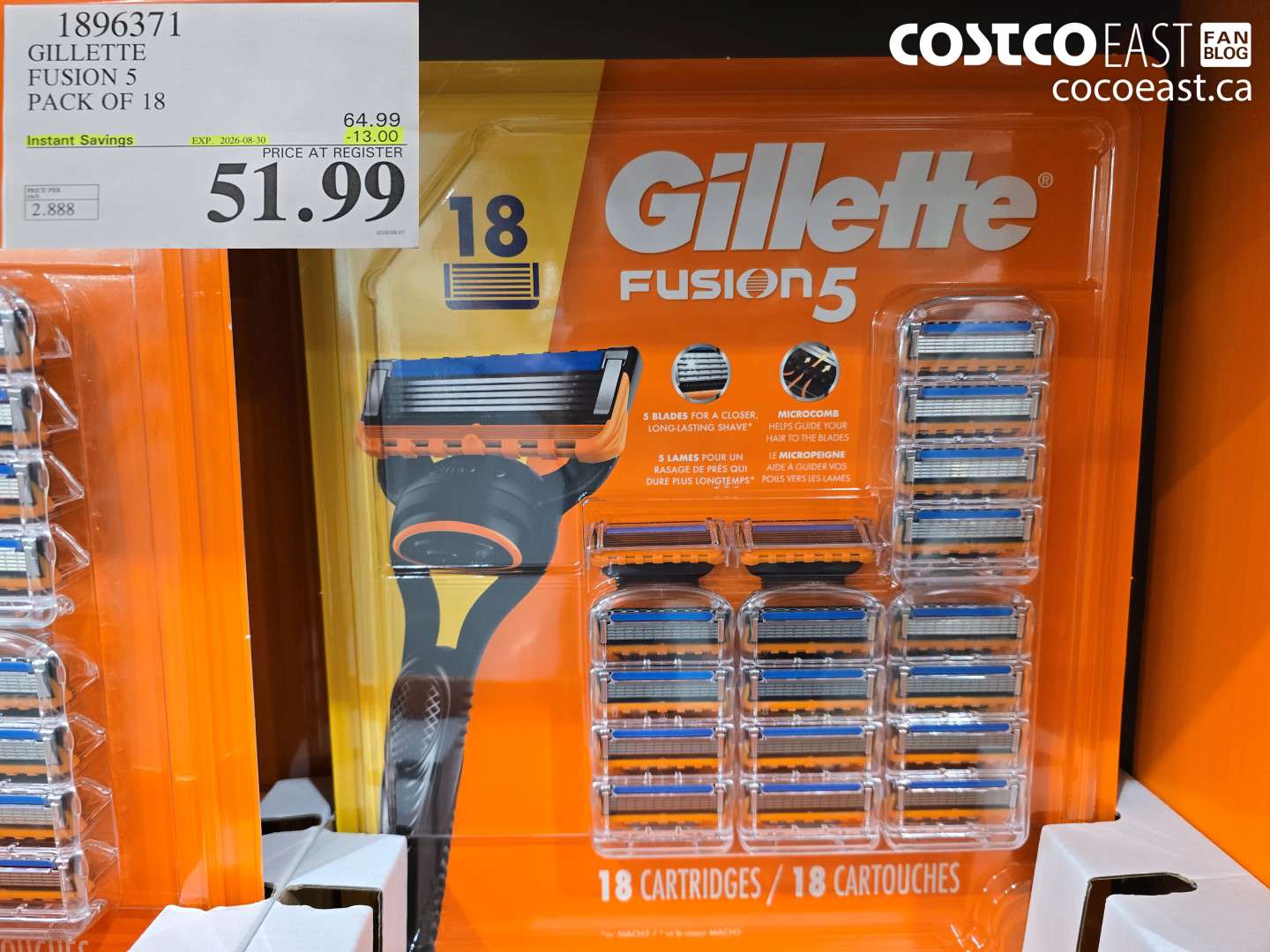 1896371 GILLETTE FUSION 5 PACK OF 18 ($13.00 INSTANT SAVINGS EXPIRES ON 2026-08-30) $51.99