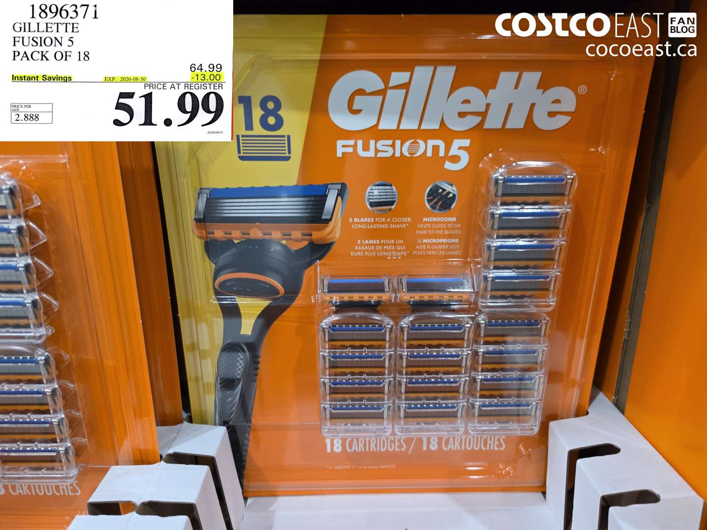 1896371 GILLETTE FUSION 5 PACK OF 18 ($13.00 INSTANT SAVINGS EXPIRES ON 2026-08-30) $51.99