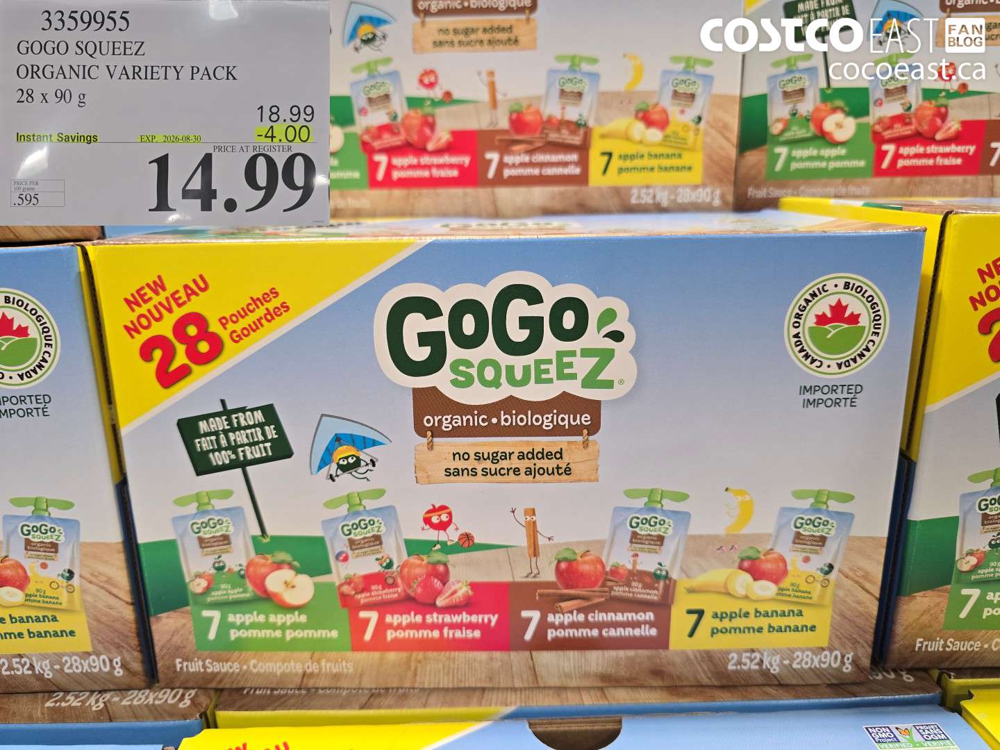 3359955 GOGO SQUEEZ ORGANIC VARIETY PACK 28 X 90 G ($4.00 INSTANT SAVINGS EXPIRES ON 2026-08-30) $14.99