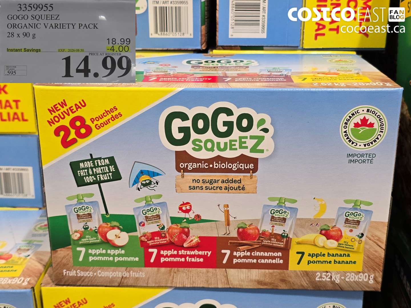 3359955 GOGO SQUEEZ ORGANIC VARIETY PACK 28 X 90 G ($4.00 INSTANT SAVINGS EXPIRES ON 2026-08-30) $14.99