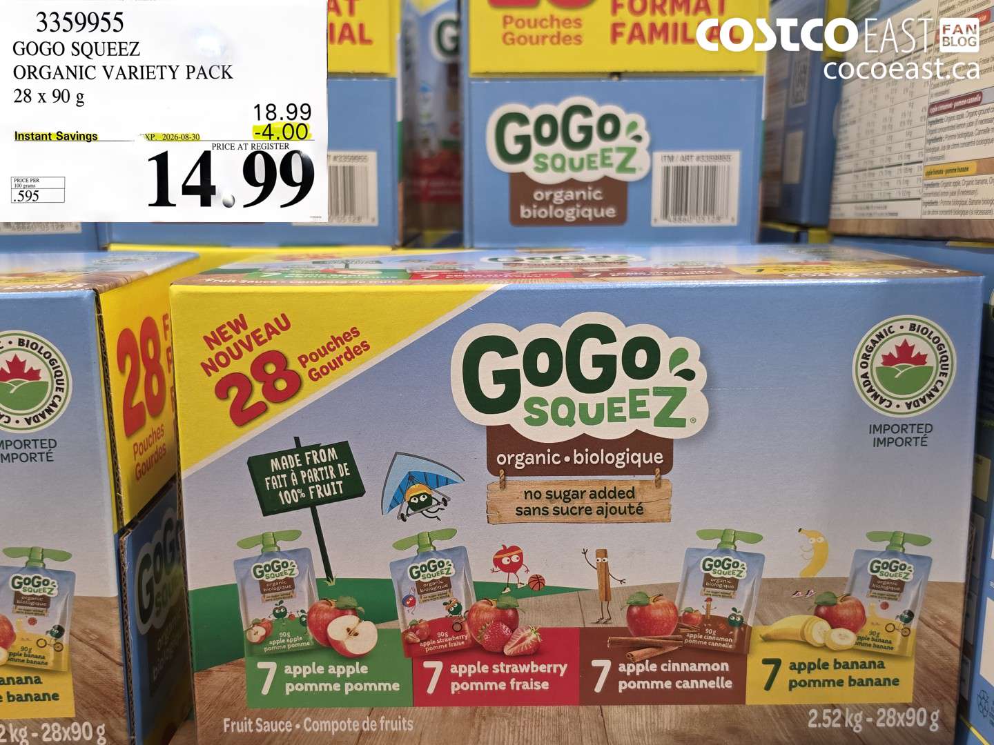 3359955 GOGO SQUEEZ ORGANIC VARIETY PACK 28 X 90 G ($4.00 INSTANT SAVINGS EXPIRES ON 2026-08-30) $14.99