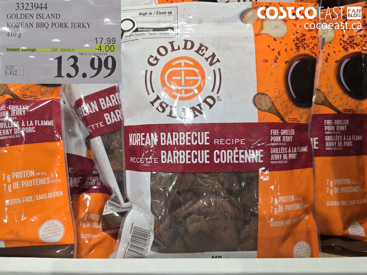 3323944 GOLDEN ISLAND KOREAN BBQ PORK JERKY 410 G ($4.00 INSTANT SAVINGS EXPIRES ON 2026-08-23) $13.99
