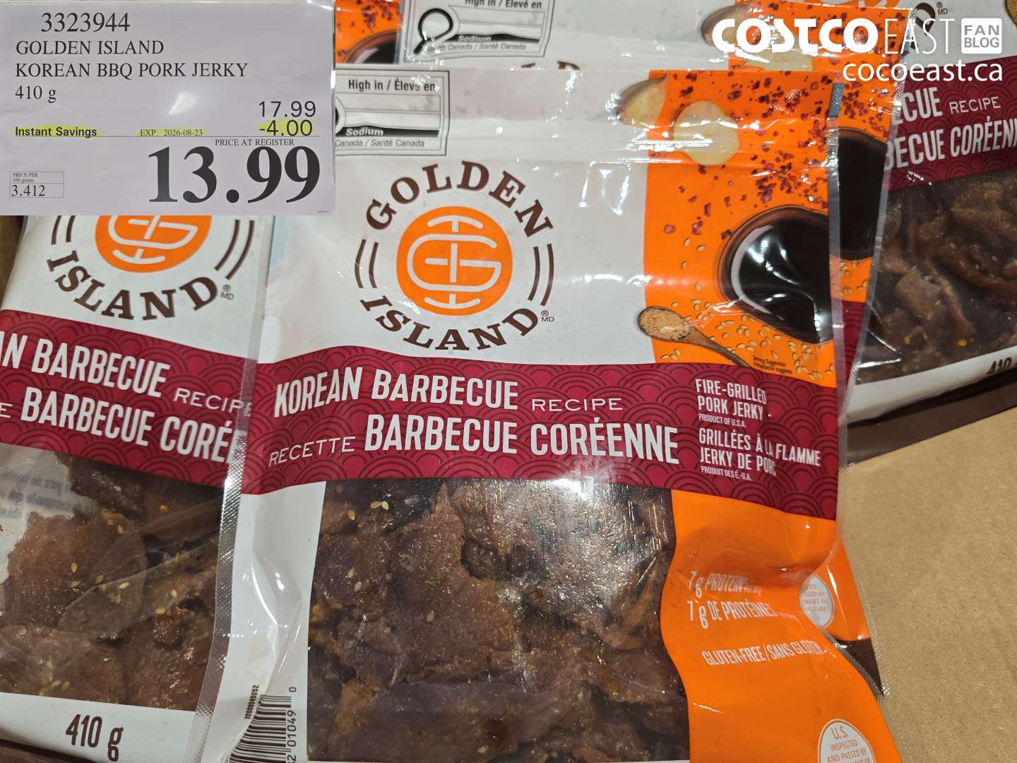 3323944 GOLDEN ISLAND KOREAN BBQ PORK JERKY 410 G ($4.00 INSTANT SAVINGS EXPIRES ON 2026-08-23) $13.99