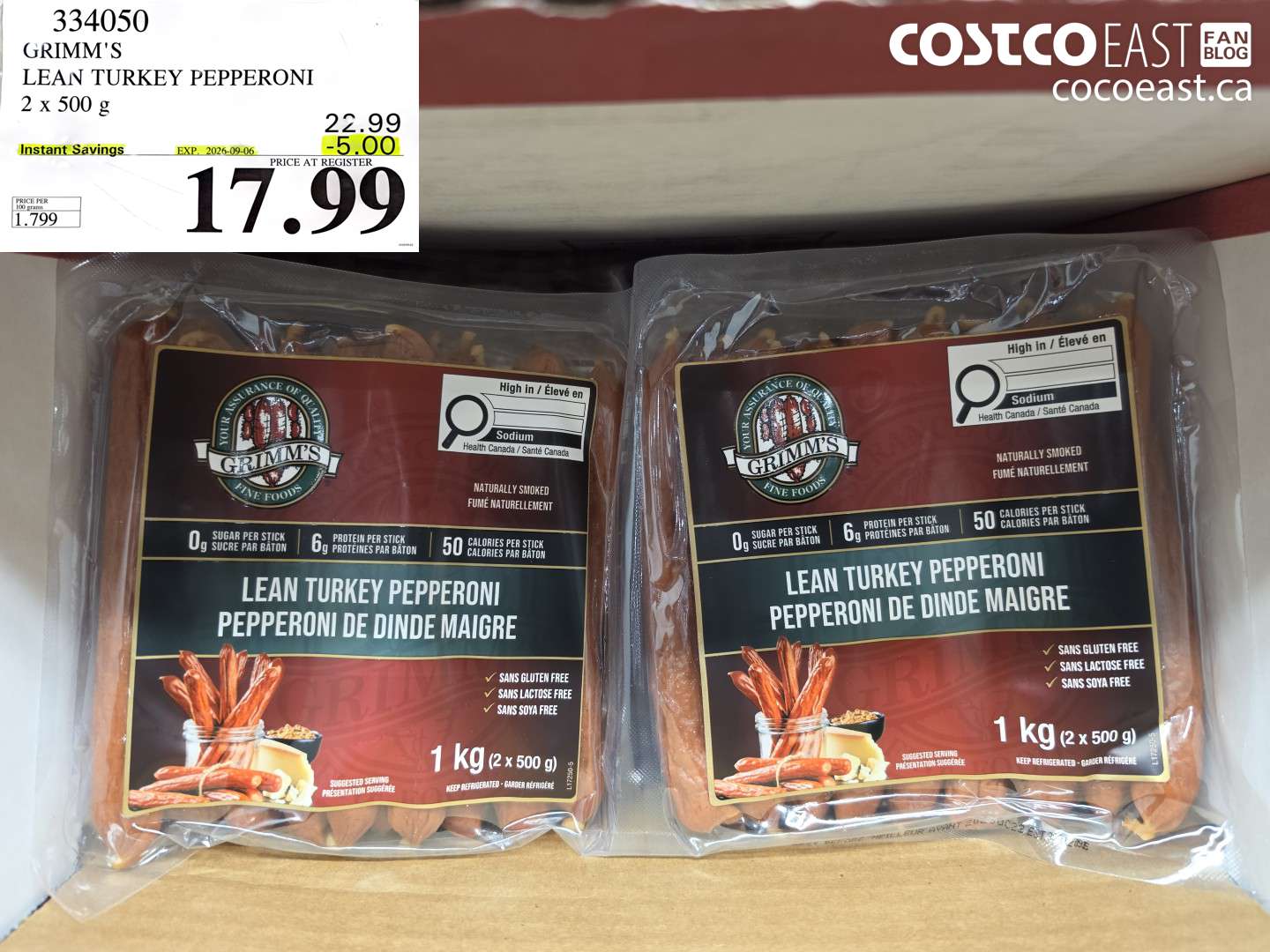 334050 GRIMM'S LEAN TURKEY PEPPERONI 2 X 500 G ($5.00 INSTANT SAVINGS EXPIRES ON 2026-09-06) $17.99